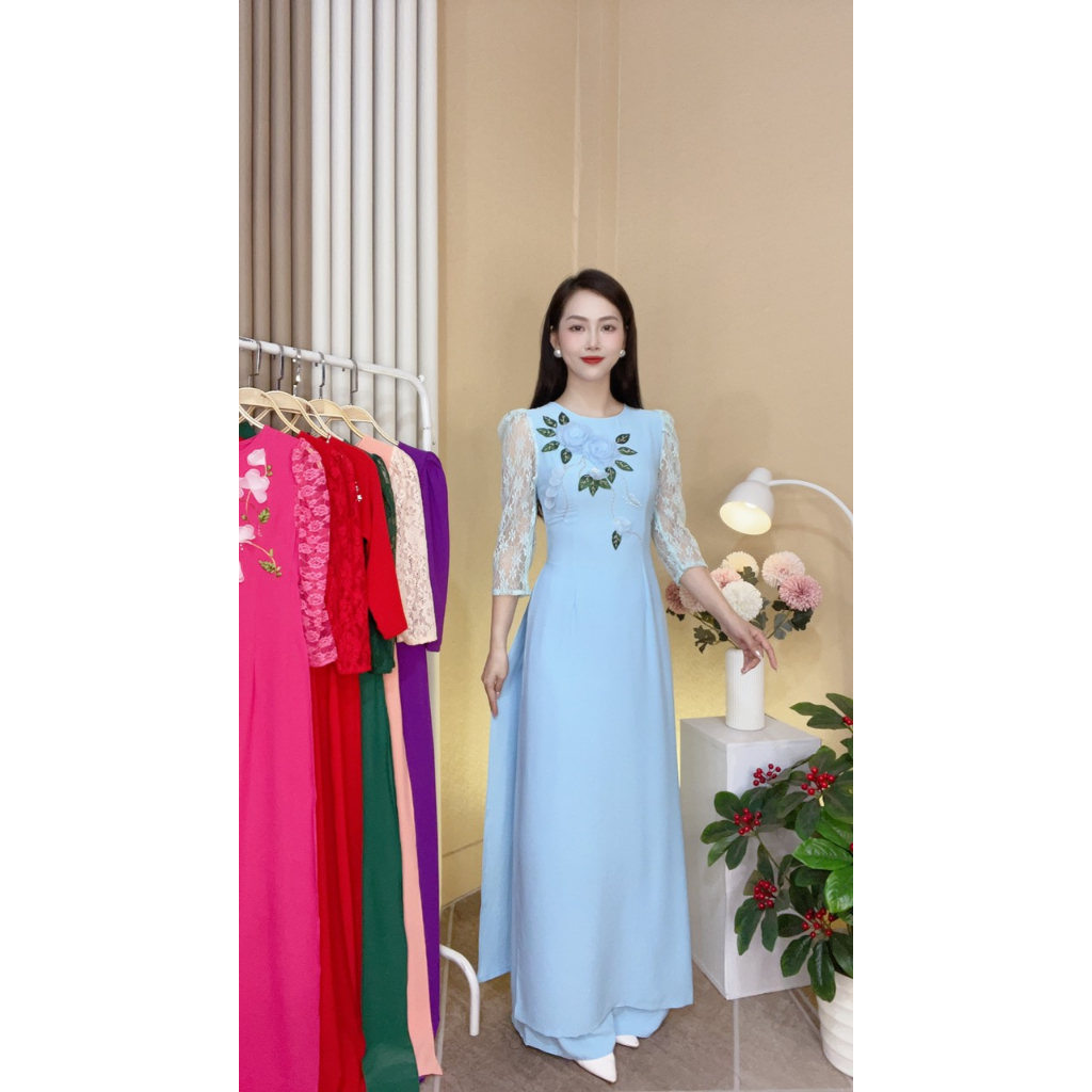 Áo Dài Xanh Dương Pastel Điểm Hoa Tay Ren Điểm Xuyến Dịu Dàng Thướt Tha I Nét Áo Dài NAD