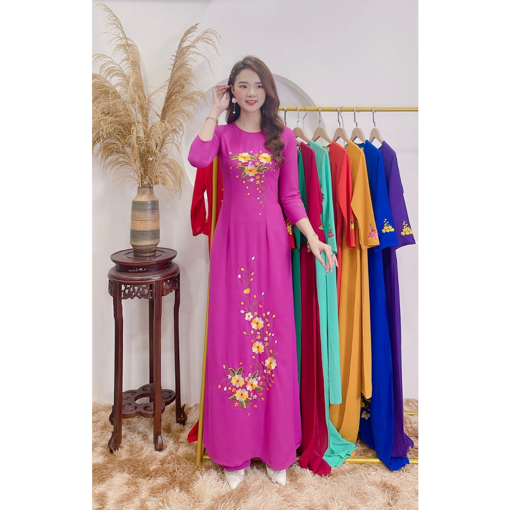Áo Dài Tím Cẩm Thêu hoa mai Truyền Thống Vải Tằm Ý May Sẵn Đón Tết I Nét Áo Dài