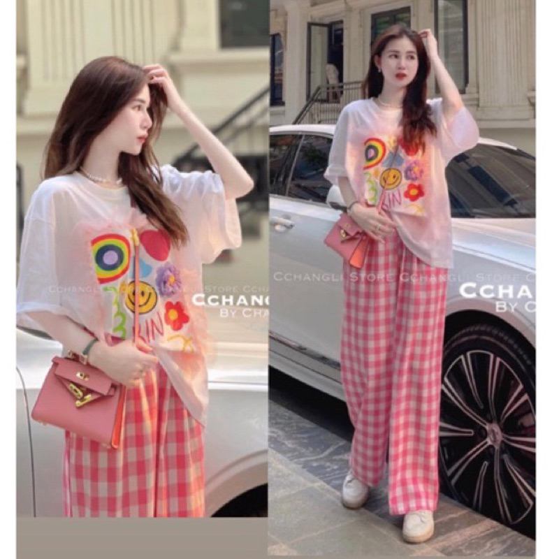 Set bộ hoa bèo M-Chou mix quần kẻ hồng paster siu cute, mặc lên chỉ có xinh