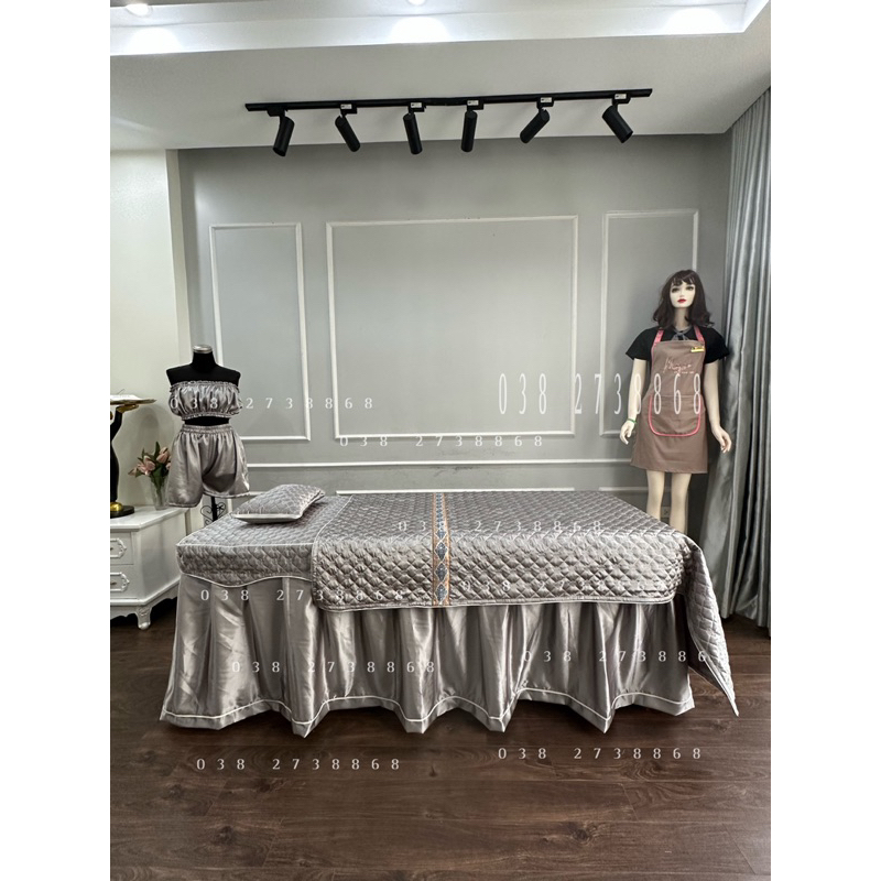 Ga/drap lụa chần royal cho giường spa, giường mi phun xăm hoạ tiết vương miện siêu sang