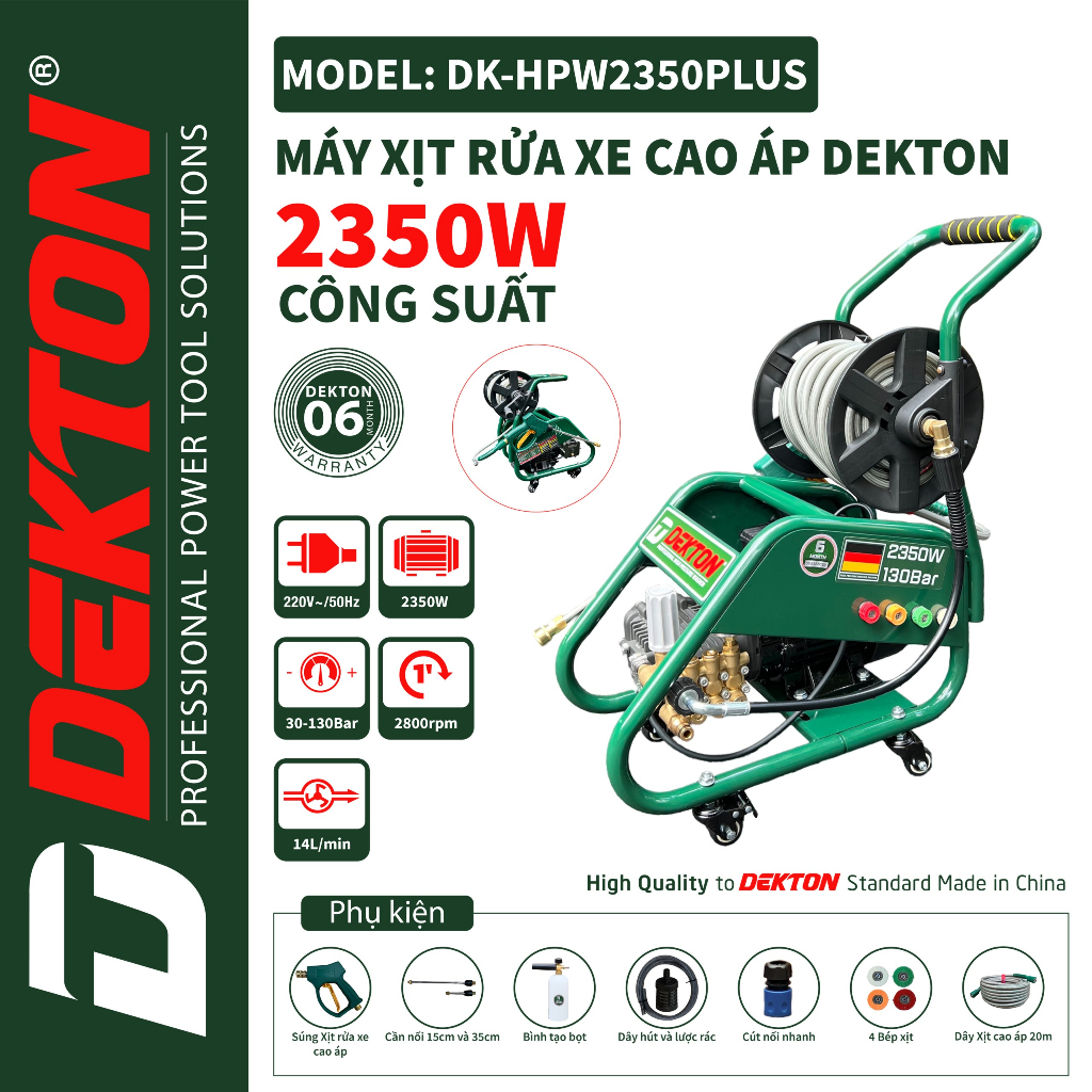 Máy Xịt Rửa Công Nghiệp Dekton 2350W / DK-HPW2350PLUS / Có Rulo Thu Dây Độc Đáo /Đầu Nén Cao Áp Trục Rời