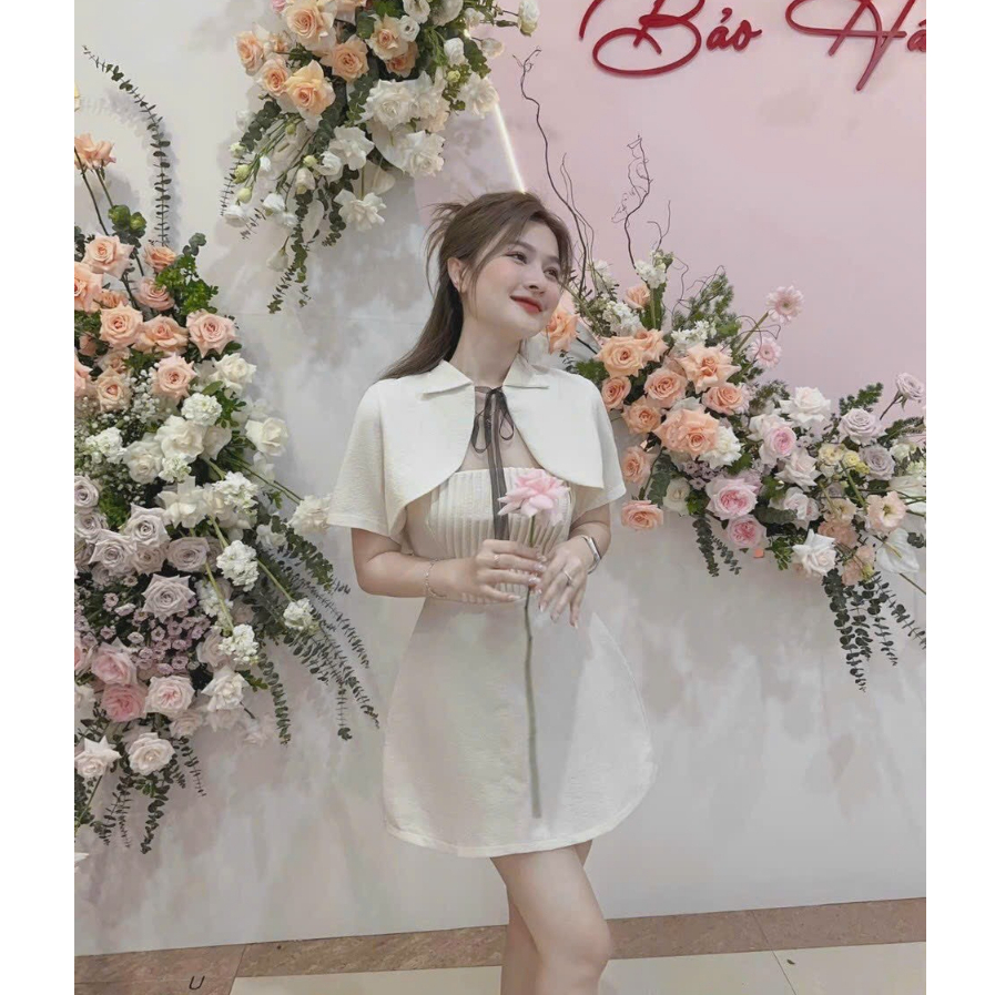 Đầm váy nữ xòe dập ly ngực cột dây nơ,kèm áo khoác ngắn,mẫu có mút ngực thời trang nữ duyên dáng