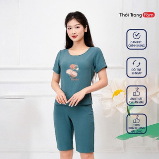 Bộ đồ mặc nhà chất đũi tơ tằm mát lịm Áo cộc Quần ngố In họa tiết hoa hồng - thương hiệu Fam