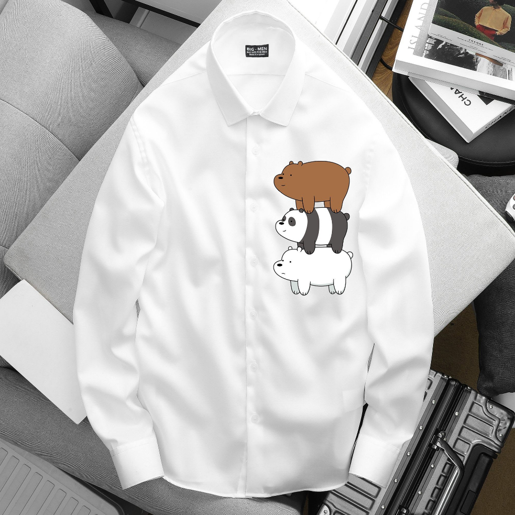 Áo sơ mi tay dài, tay ngắn in hình 3 gấu thời trang bigsize nam cỡ đại 140kg