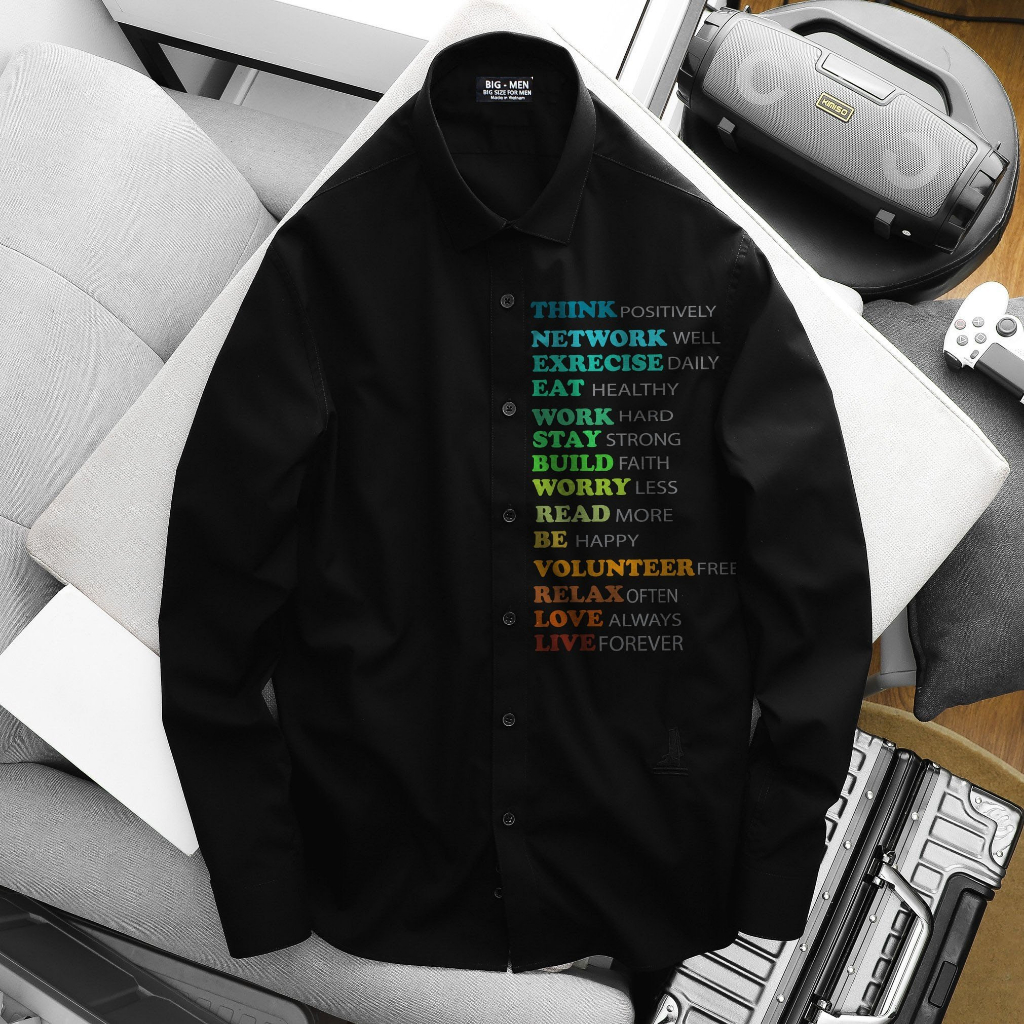 Áo sơ mi tay dài in hình chữ hiệu ứng đẹp thời trang bigsize nam cỡ đại 140kg