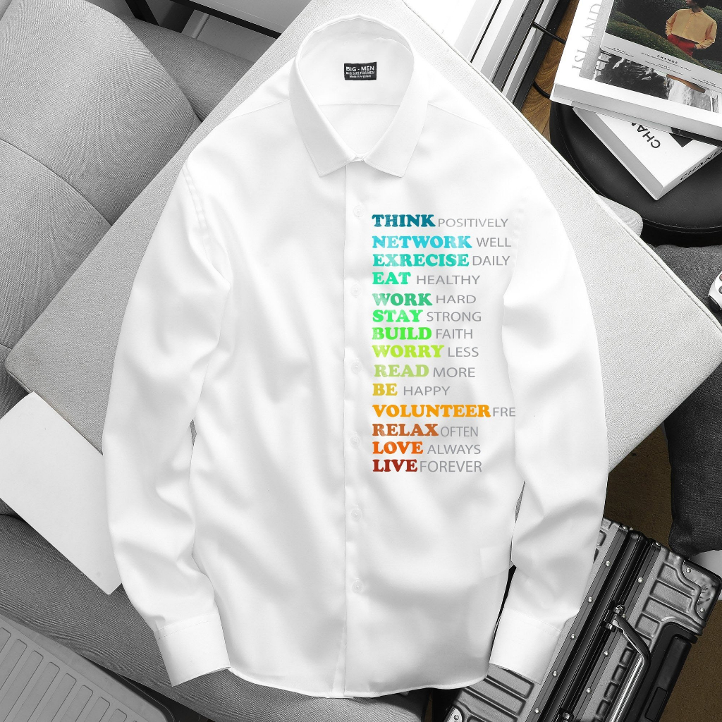 Áo sơ mi tay dài in hình chữ hiệu ứng đẹp thời trang bigsize nam cỡ đại 140kg