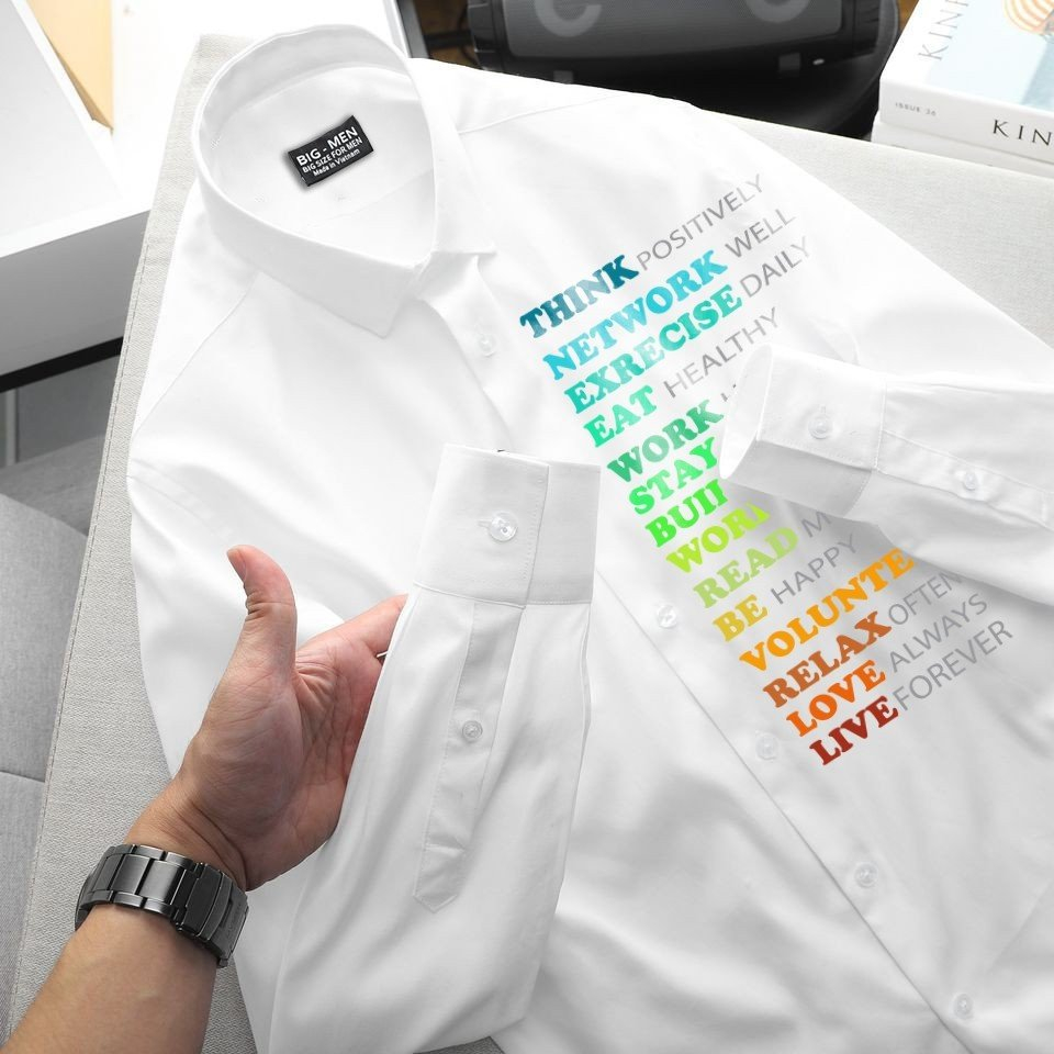 Áo sơ mi tay dài in hình chữ hiệu ứng đẹp thời trang bigsize nam cỡ đại 140kg