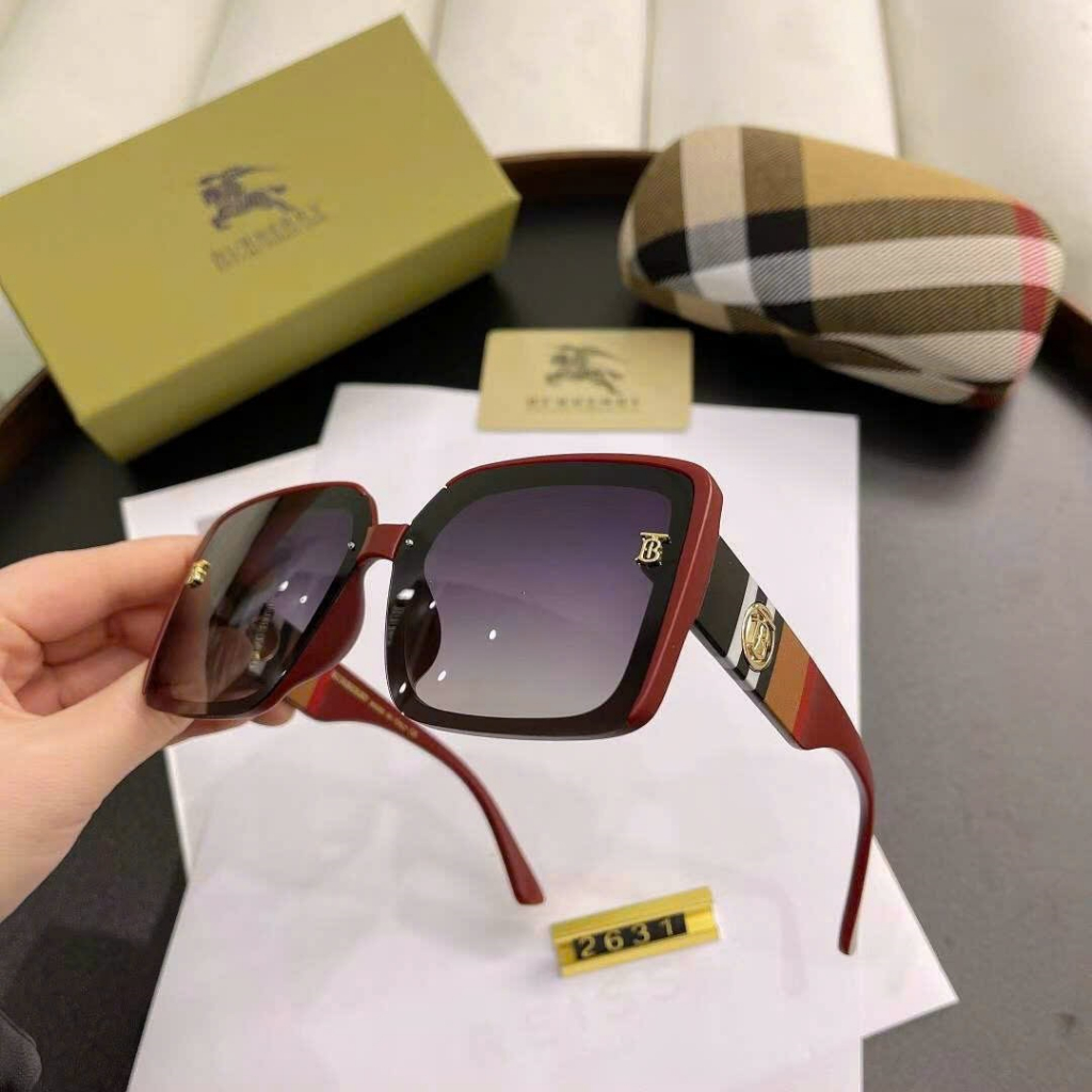 Kính mát nữ burberry gọng vuông chất liệu acetate màu trắng đỏ đô be nude đen tặng khăn