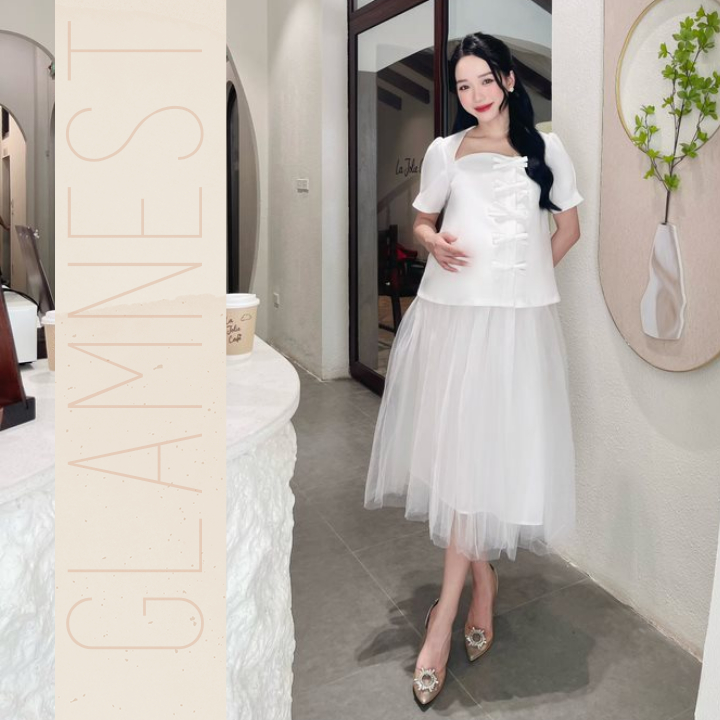 Áo Bầu Kiểu Bigsize Phối Chân Váy Bầu Chất Vải Lưới Lót Lụa Mềm Mại Glam Nest AS037