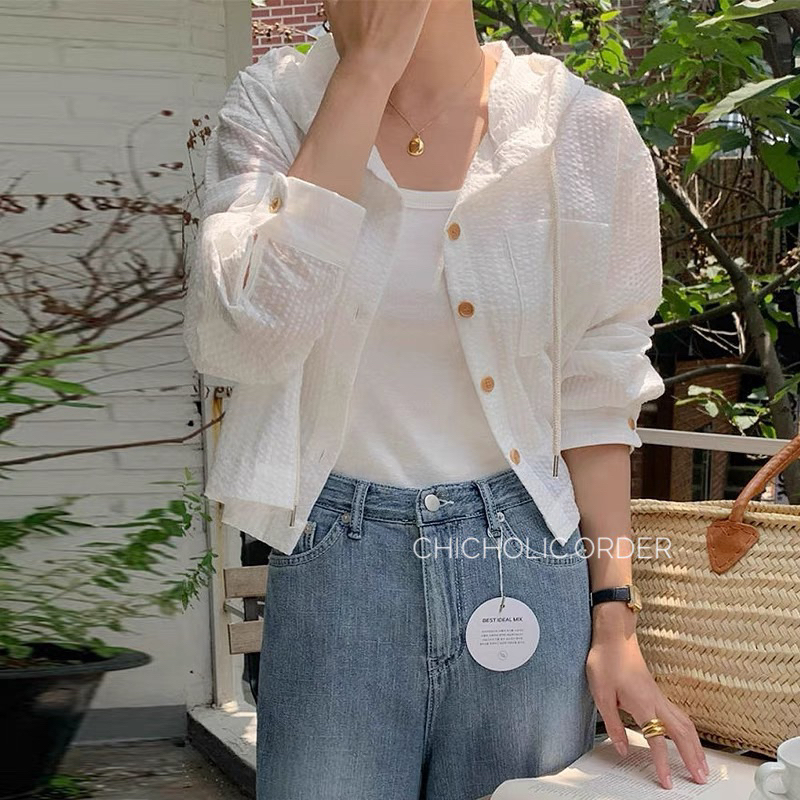 Áo sơ mi có mũ trùm đầu chống nắng dáng rộng dài tay kiểu Hàn Quốc màu sắc mùa hè