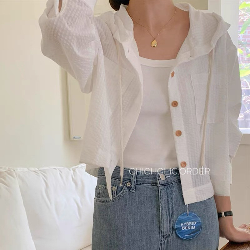 Áo sơ mi có mũ trùm đầu chống nắng dáng rộng dài tay kiểu Hàn Quốc màu sắc mùa hè