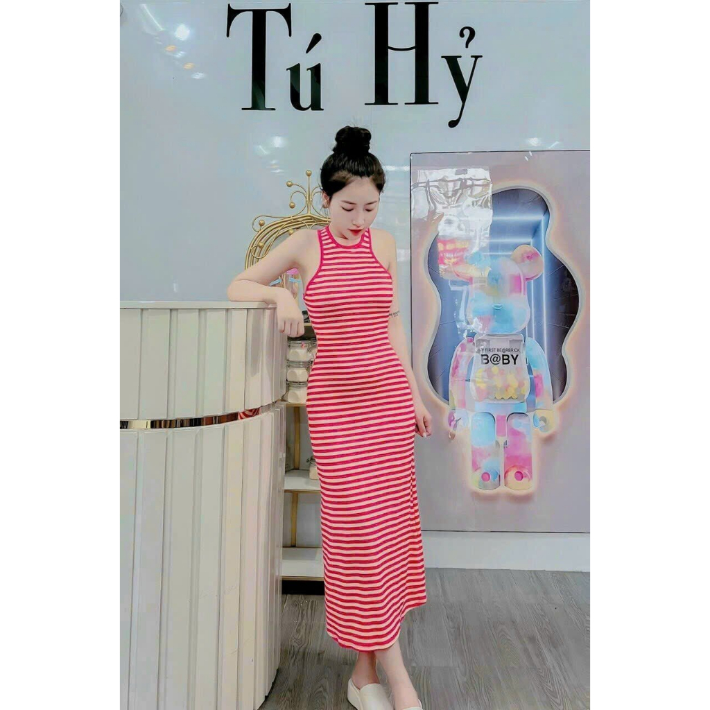 Đầm maxi ba lỗ body sát nách sọc ngang from dài dáng xòe chất thun gân co giản tốt
