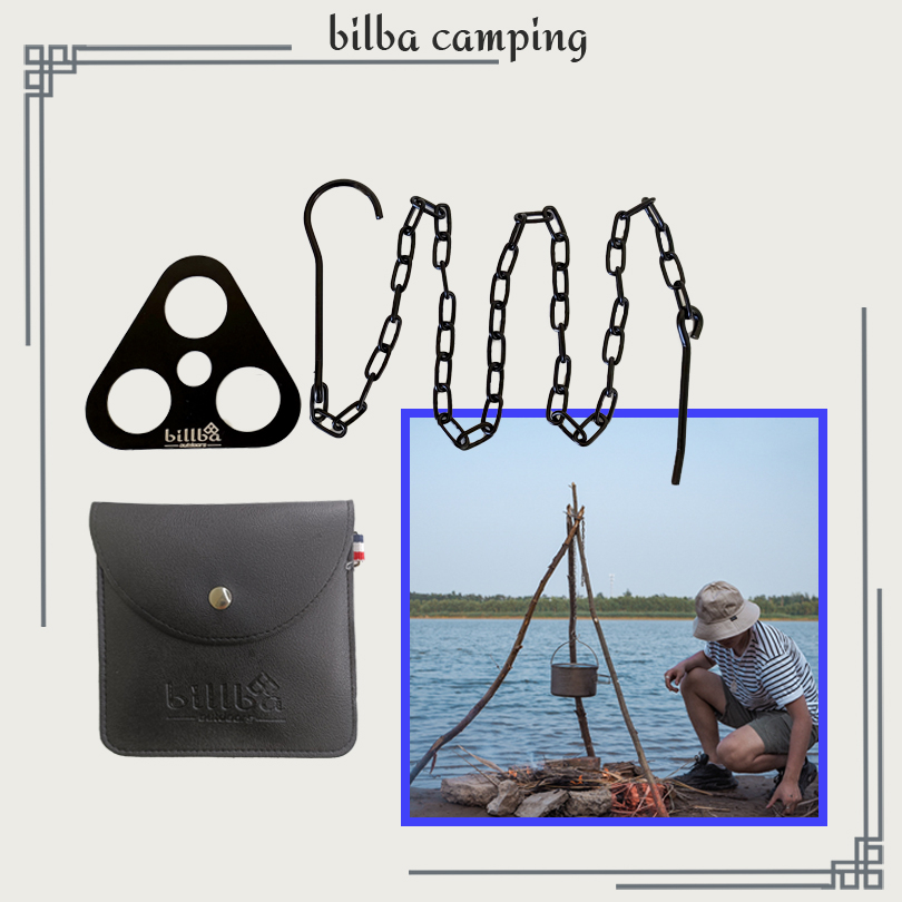 Bộ móc treo nồi giá ba lỗ bằng thép không gỉ dùng nướng BBQ cắm trại dã ngoại ngoài trời BB4541 - Billba Camping