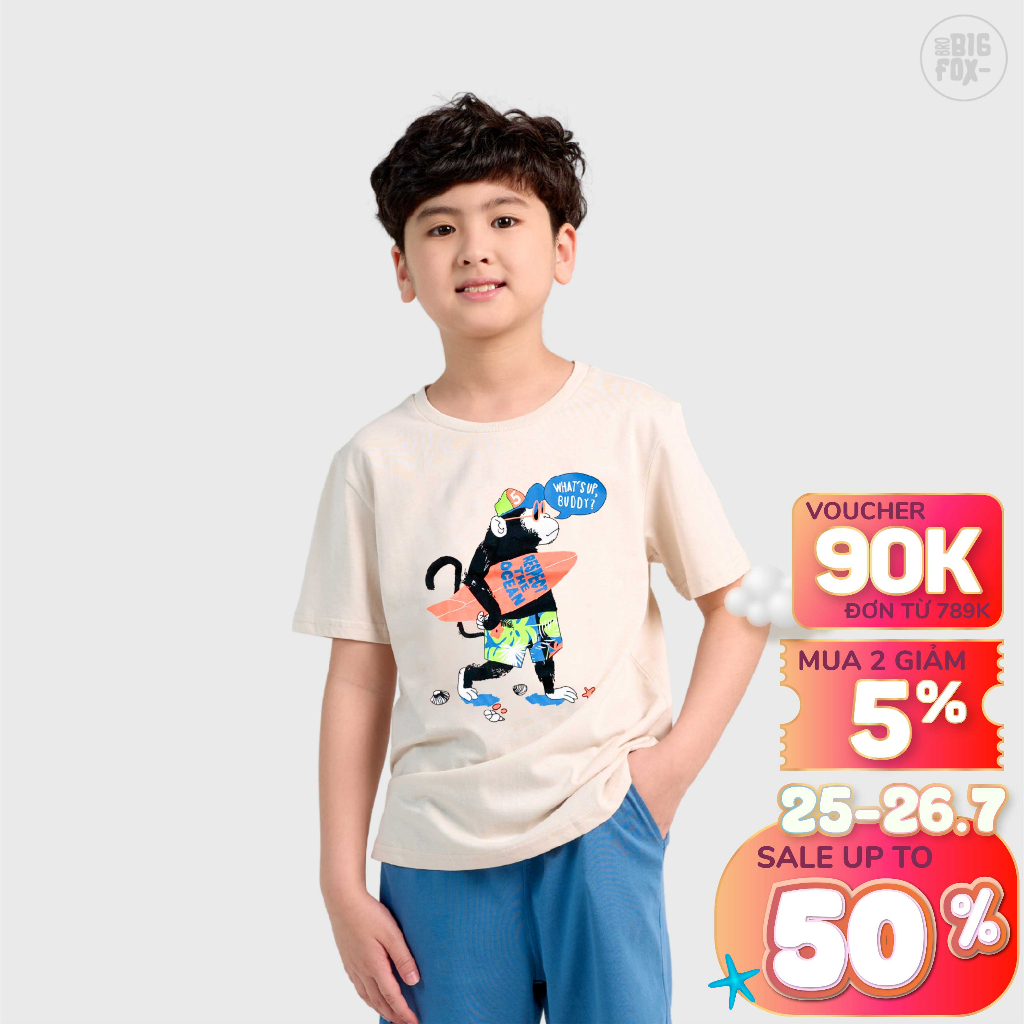 Áo Thun Bé Trai Size Đại Bigfox, Áo Phông Cộc Tay Mùa Hè Cho Trẻ Em Hình In Khỉ Ôm Ván, Chất Cotton Mềm Size 3-11 tuổi