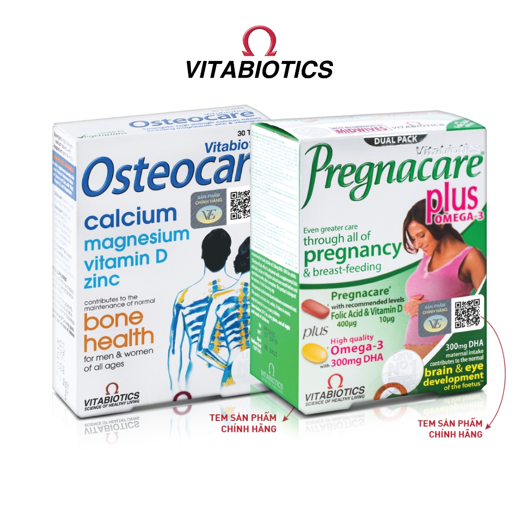 Bộ Sản Phẩm Vitabiotics Tăng Cường Sức Khỏe Cho Mẹ Bầu OSTEOCARE 30 Viên Và PREGNACARE PLUS OMEGA-3 56 Viên