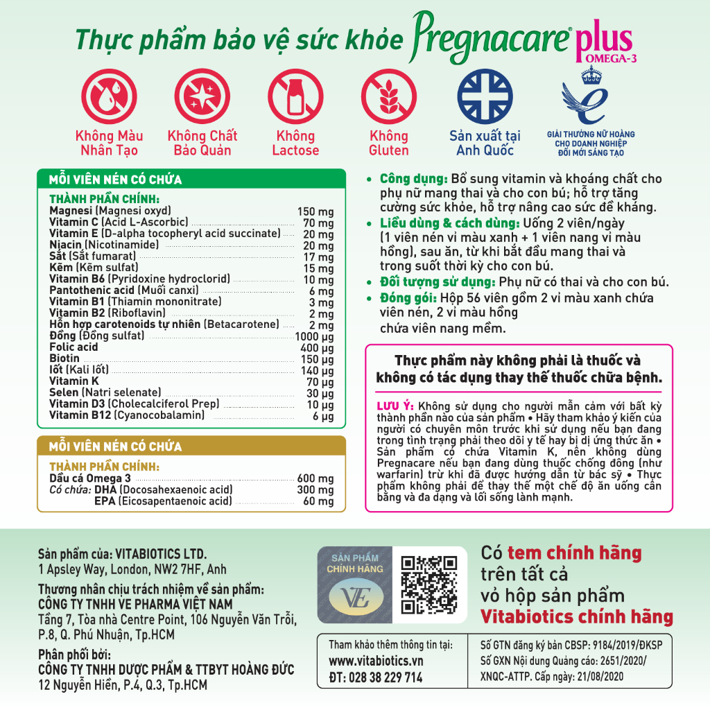Bộ Sản Phẩm Vitabiotics Tăng Cường Sức Khỏe Cho Mẹ Bầu OSTEOCARE 30 Viên Và PREGNACARE PLUS OMEGA-3 56 Viên