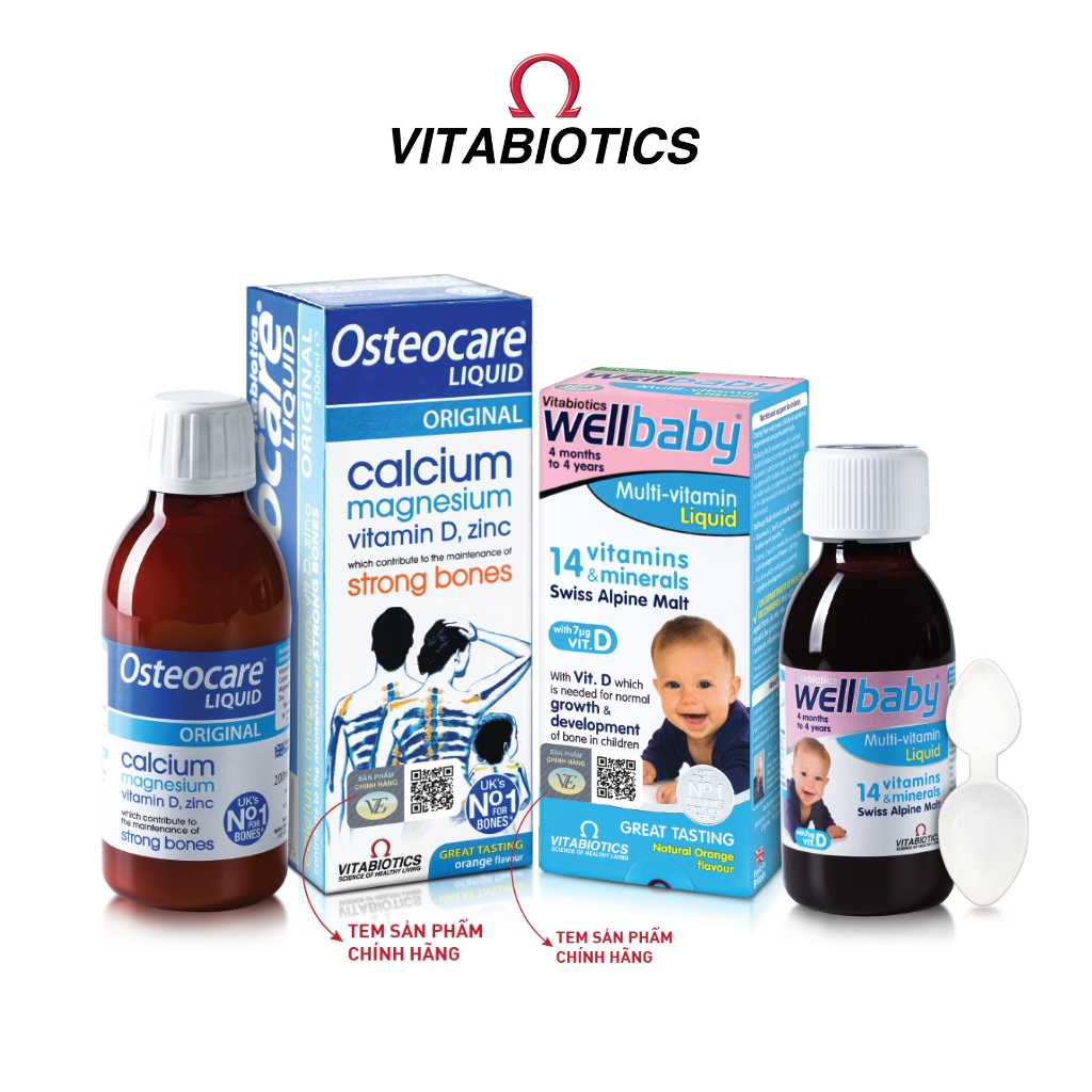 Bộ Sản Phẩm Vitabiotics Cho Bé OSTEOCARE Chắc Khỏe Xương 200ML Và WELLBABY Tăng Cường Sức Đề Kháng 150ML