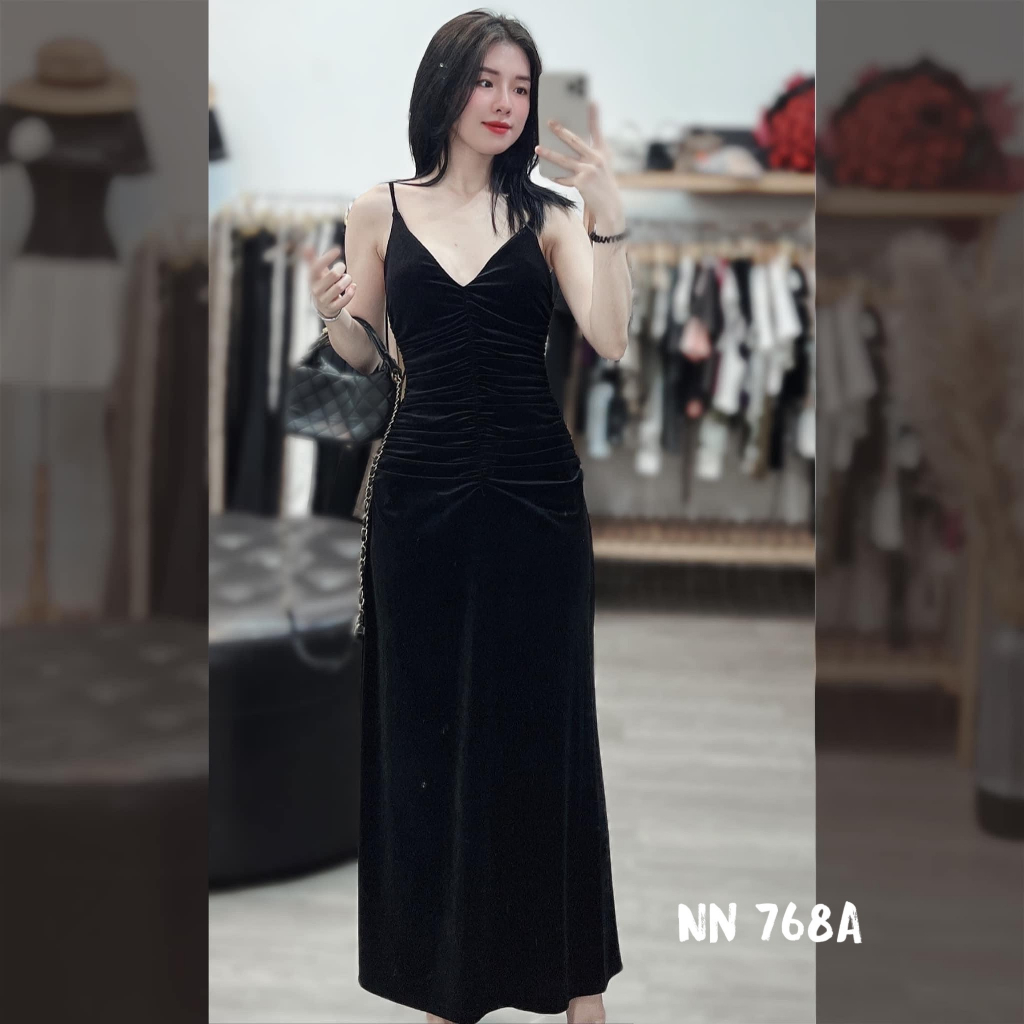 Váy 2 dây nhung rúm ngực chanh xả - Anna.Store