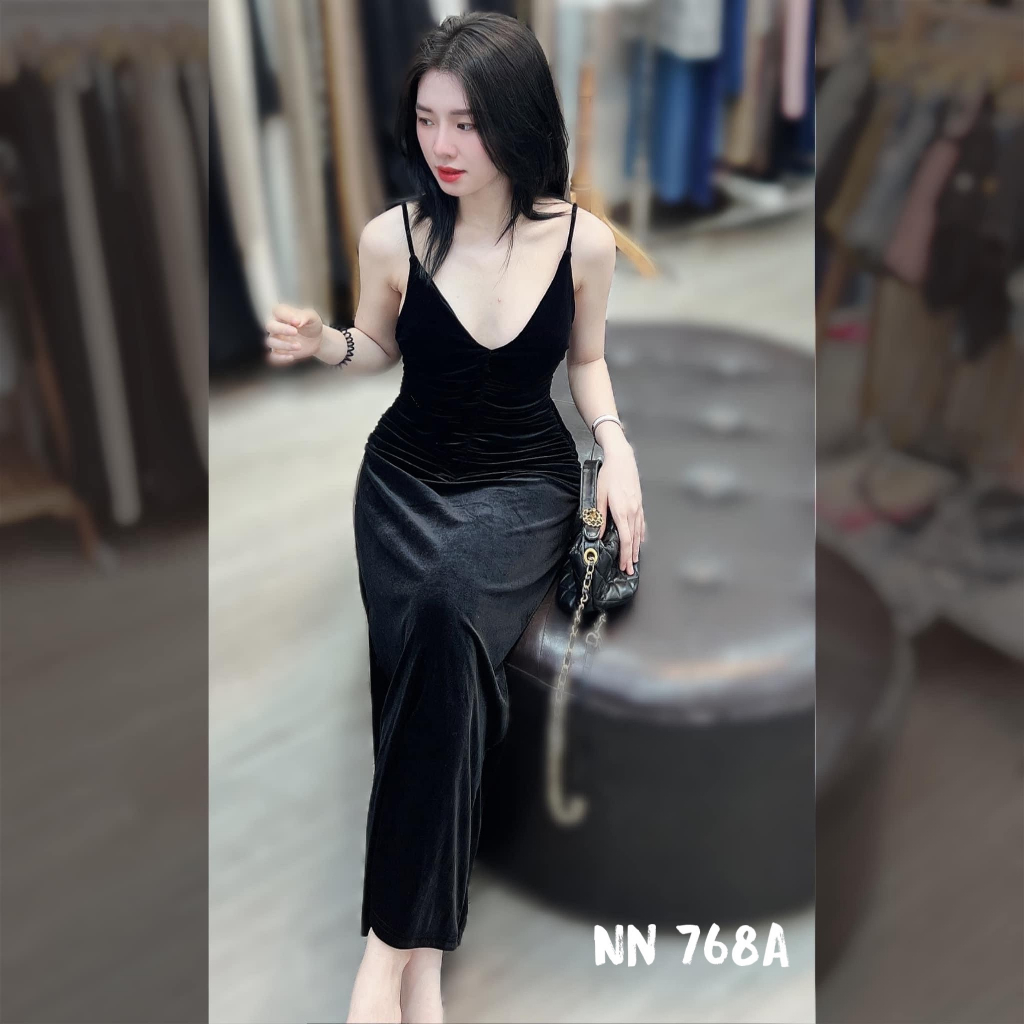 Váy 2 dây nhung rúm ngực chanh xả - Anna.Store