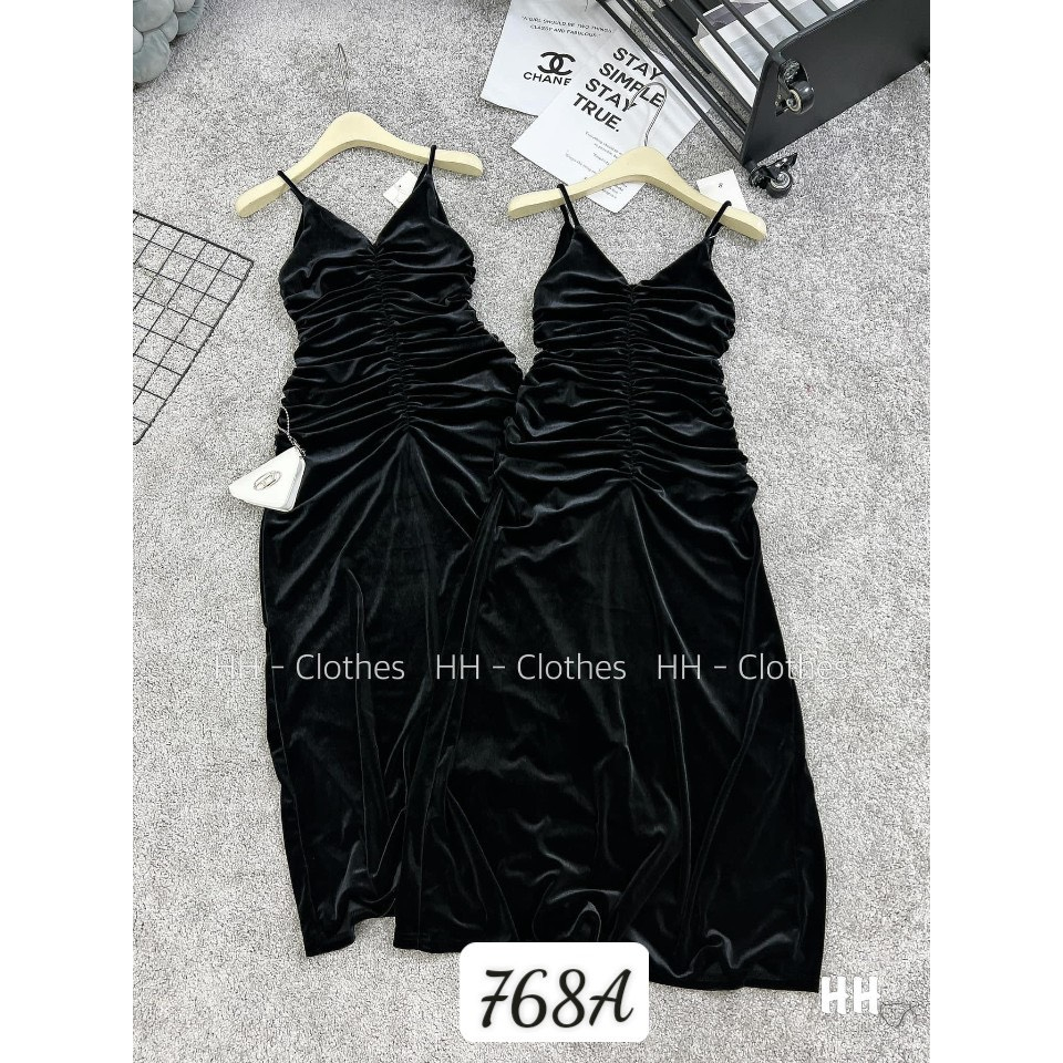 Váy 2 dây nhung rúm ngực chanh xả - Anna.Store