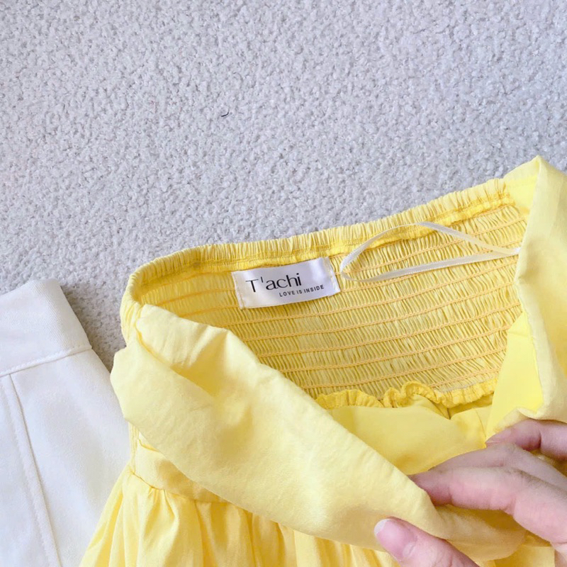 SET ÁO ỐNG VÀNG XOÈ PHỒNG + CHÂN VÁY CHỮ A TRẮNG