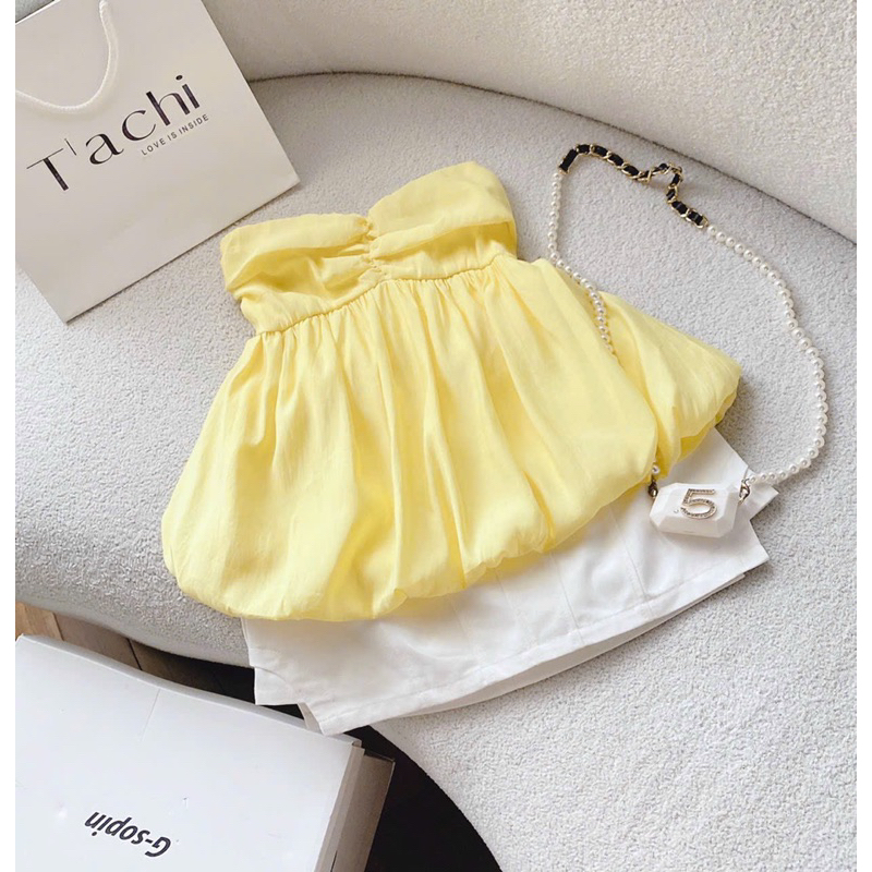 SET ÁO ỐNG VÀNG XOÈ PHỒNG + CHÂN VÁY CHỮ A TRẮNG