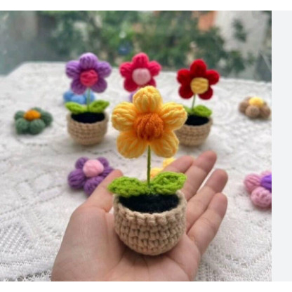 Chậu hoa mini 5 cánh bằng len
