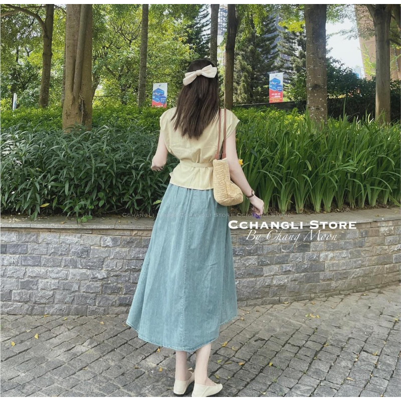 Set denin bốn món chất đẹp gồm áo chân váy đai áo và đai chân váy