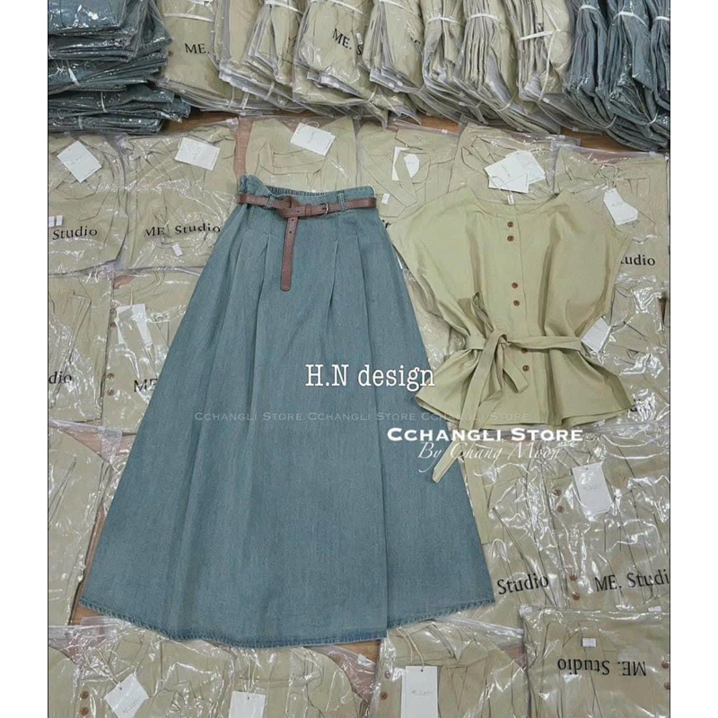 Set denin bốn món chất đẹp gồm áo chân váy đai áo và đai chân váy