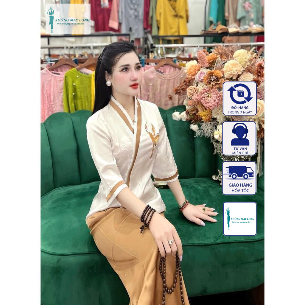 Đồ lam đi chùa nữ đồ lam nữ viền thêu hạc set đồ lam nữ đi chùa xinh xắn set pháp phục 4 màu