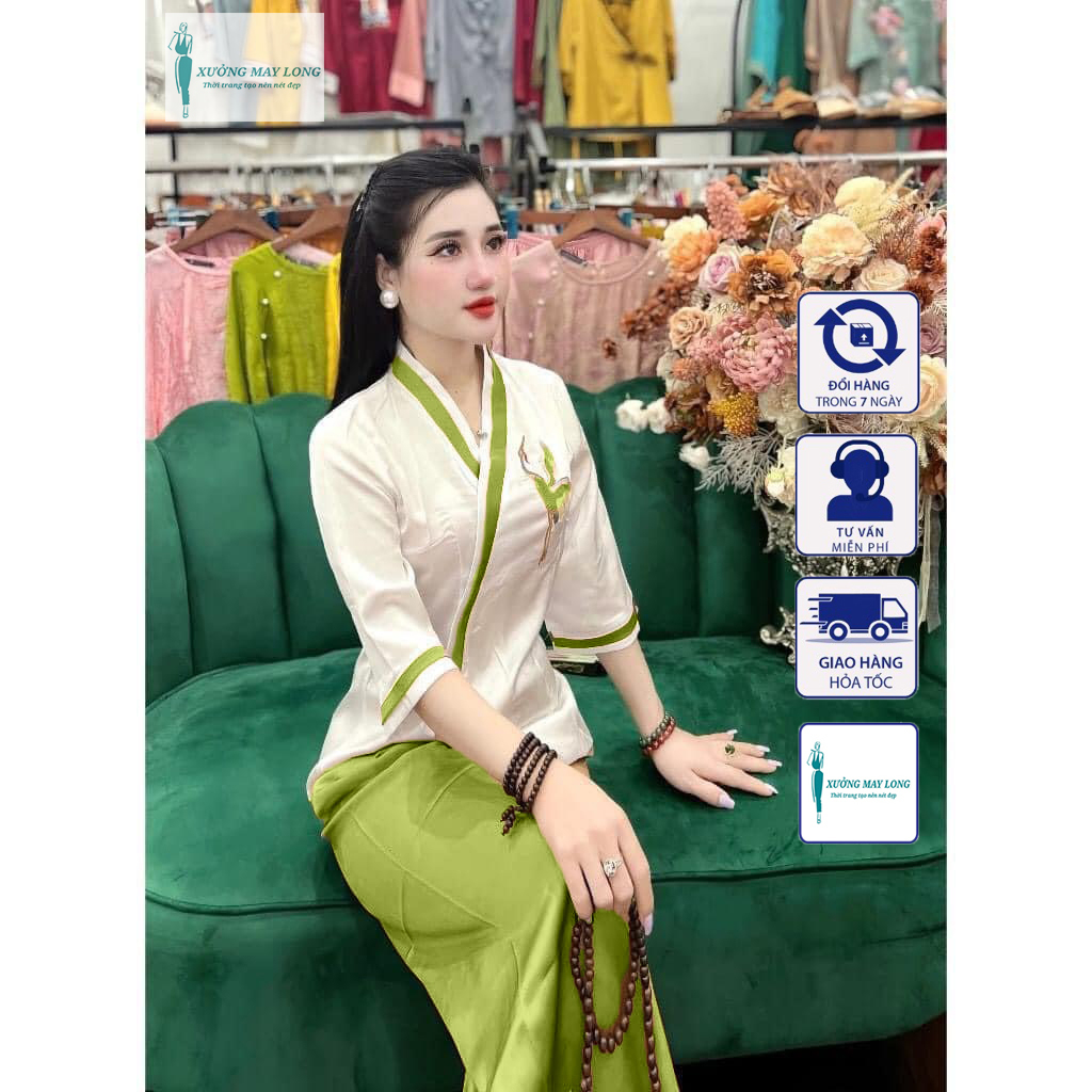 Đồ lam đi chùa nữ đồ lam nữ viền thêu hạc set đồ lam nữ đi chùa xinh xắn set pháp phục 4 màu