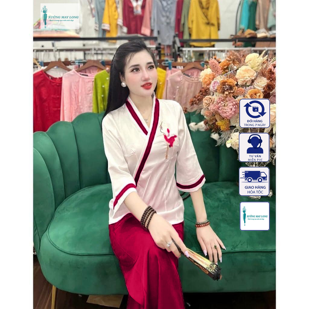 Đồ lam đi chùa nữ đồ lam nữ viền thêu hạc set đồ lam nữ đi chùa xinh xắn set pháp phục 4 màu