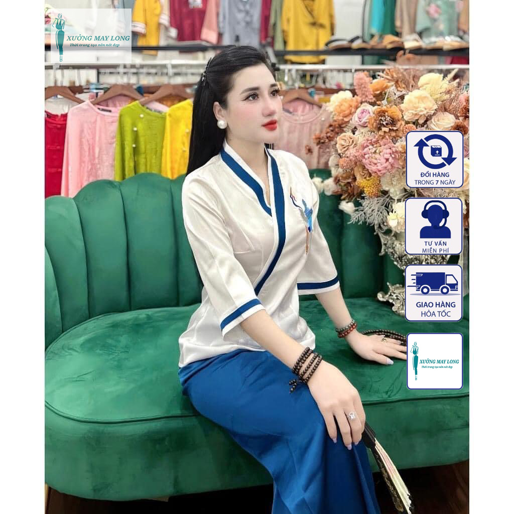 Đồ lam đi chùa nữ đồ lam nữ viền thêu hạc set đồ lam nữ đi chùa xinh xắn set pháp phục 4 màu