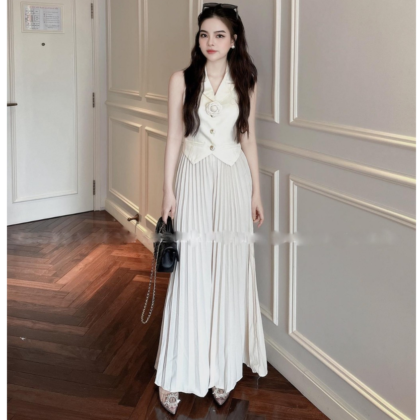 Set áo gile cổ vest + quần giả váy xếp ly phong cách tiểu thư Hàn Quốc (od QC l1)-Tinahouse.2021