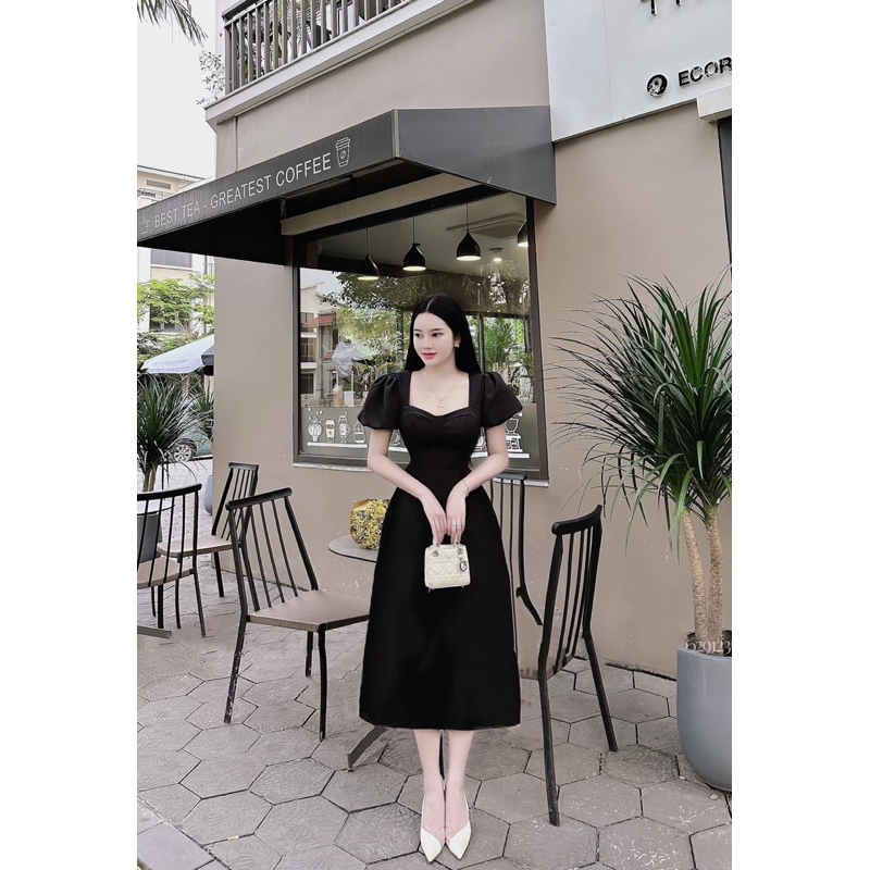 Đầm midi trắng cổ vuông tay phồng