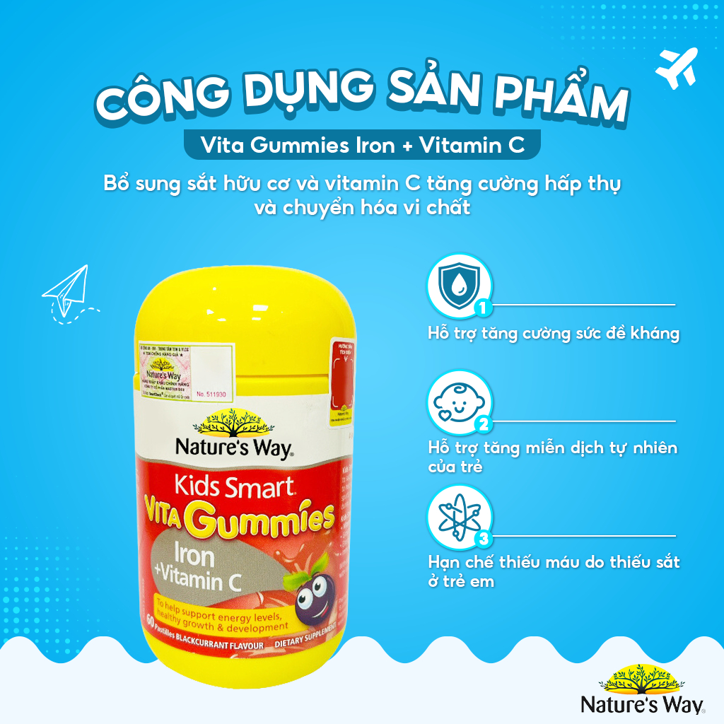 Viên Nhai Bổ Sung Sắt Hữu Cơ Và Vitamin C Cho Bé Nature’s Way Kids Smart Vita Gummies Iron + Vitamin C Tăng Đề Kháng 60v