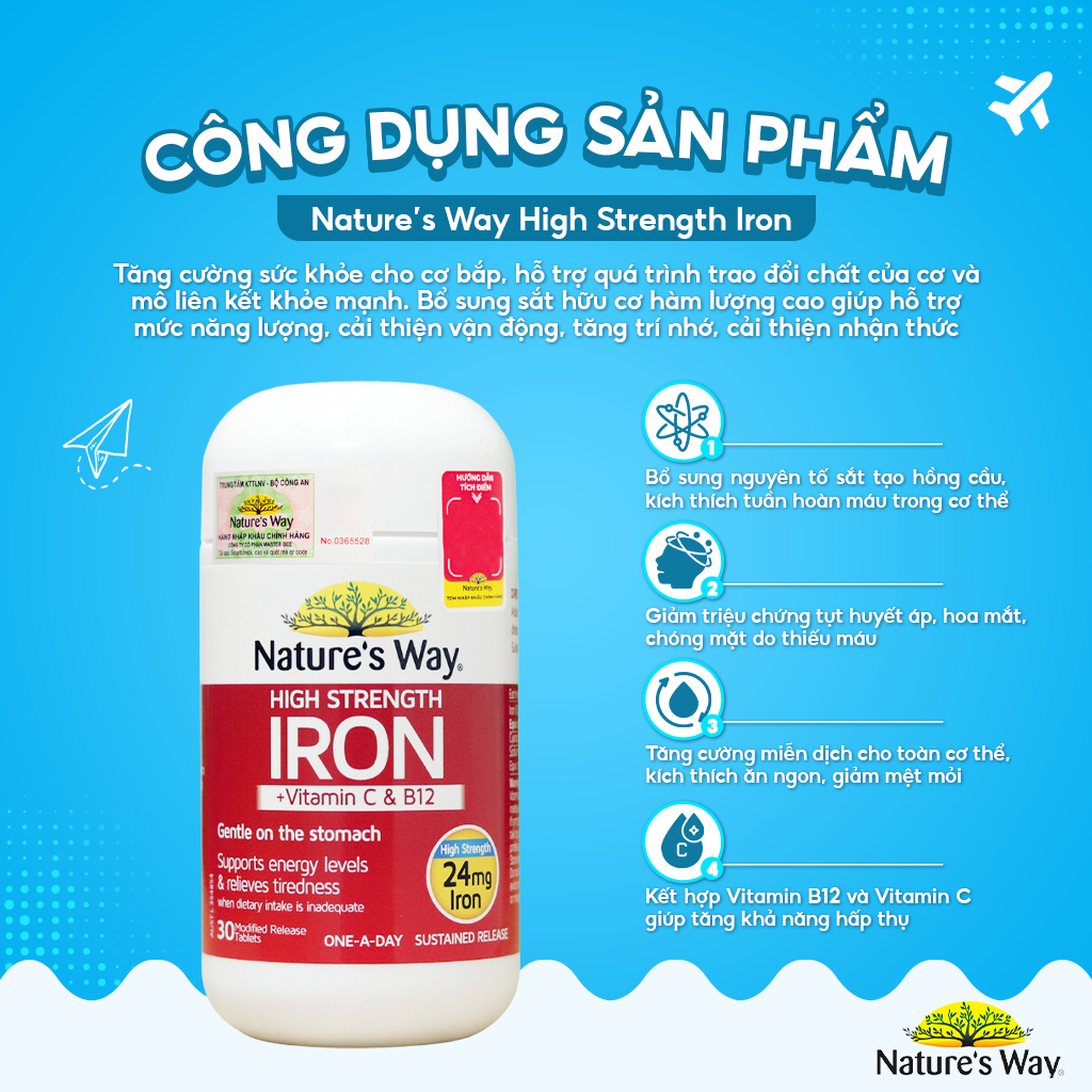 Viên Uống Sắt Hữu Cơ Nature’s Way High Strength Iron Cung Cấp Vitamin C Và B12 Hỗ Trợ Tuần Hoàn Máu Cho Người Lớn 30v/h