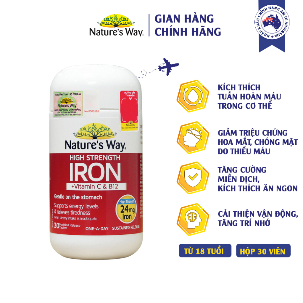 Viên Uống Sắt Hữu Cơ Nature’s Way High Strength Iron Cung Cấp Vitamin C Và B12 Hỗ Trợ Tuần Hoàn Máu Cho Người Lớn 30v/h