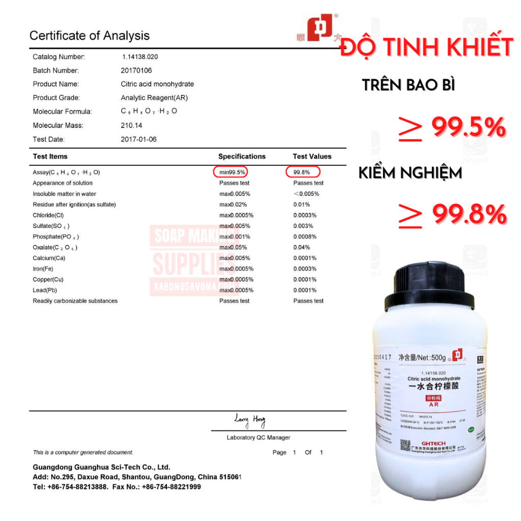 Acid Citric 500g JHD- Axit Chanh - Bột Tạo Chua - Bột Chanh - Chất Điều Chỉnh pH Cho Thực Phẩm, Nguyên Liệu Làm Xà Phòng