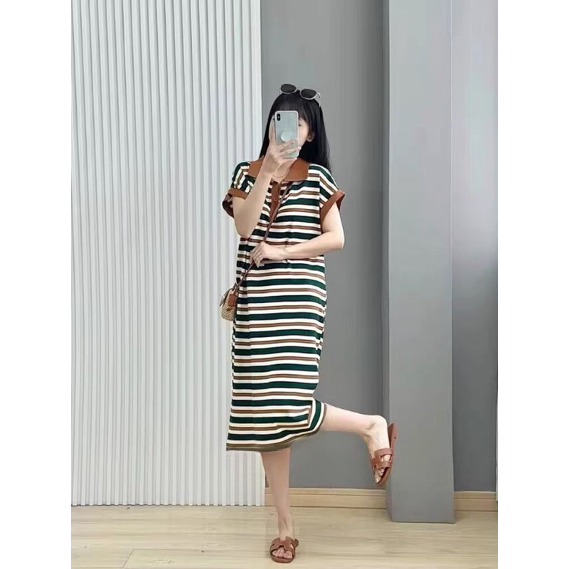 Đầm polo dáng dài chất poly cá sấu kẻ ngang màu xanh form rộng thời trang