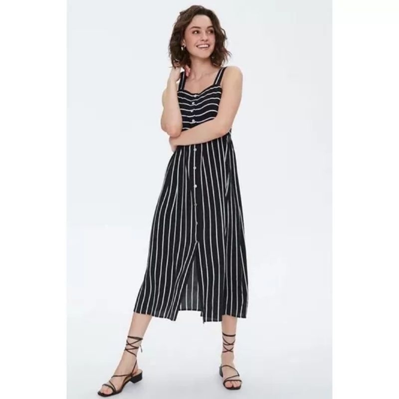 Đầm maxi kẻ sọc F21 vnxk đầm 2 dây dáng dài phối hàng nút trước chất đũi linen xuất khẩu dư xịn