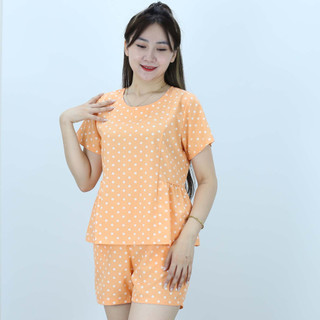 Bộ đồ bộ nữ mặc nhà d53 cam chấm bi cổ tròn nhún bèo - nhẹ nhàng ngọt ngào