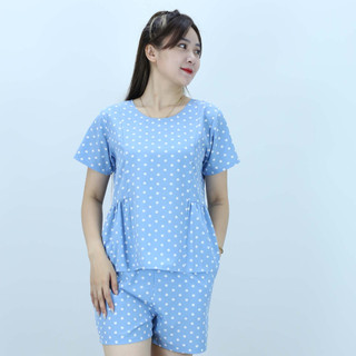 Bộ đồ bộ nữ mặc nhà d53 xanh chấm bi cổ tròn nhún bèo - nhẹ nhàng ngọt ngào