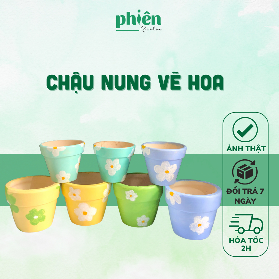 Chậu Đất Nung, Chậu Đất Nung Vẽ Họa Tiết Hoa, Chậu Trồng Sen Đá Xương Rồng
