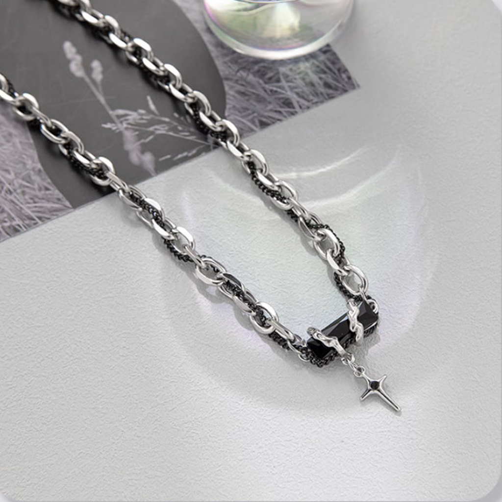Dây chuyền nam nữ titan thời trang, Vòng cổ dây đan mặt đá đen chữ thập cá tính, trẻ trung, Unisex