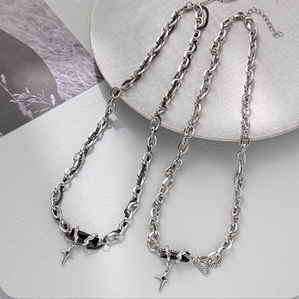 Dây chuyền nam nữ titan thời trang, Vòng cổ dây đan mặt đá đen chữ thập cá tính, trẻ trung, Unisex