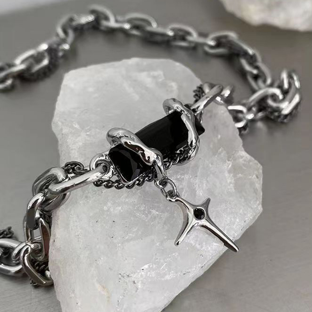 Dây chuyền nam nữ titan thời trang, Vòng cổ dây đan mặt đá đen chữ thập cá tính, trẻ trung, Unisex