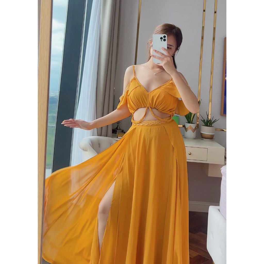 Đầm maxi nữ trơn rớt vai phối ren MIMIX CO8260