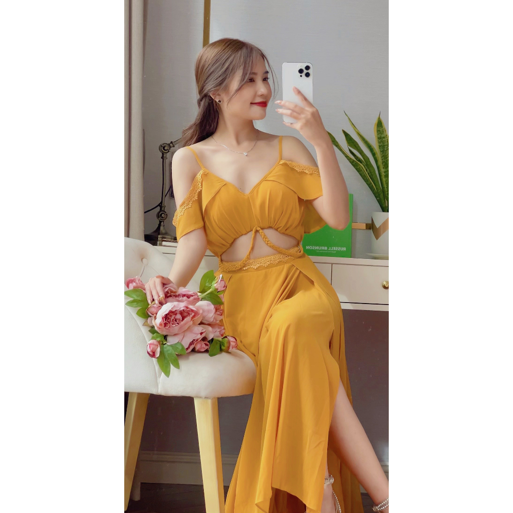 Đầm maxi nữ trơn rớt vai phối ren MIMIX CO8260