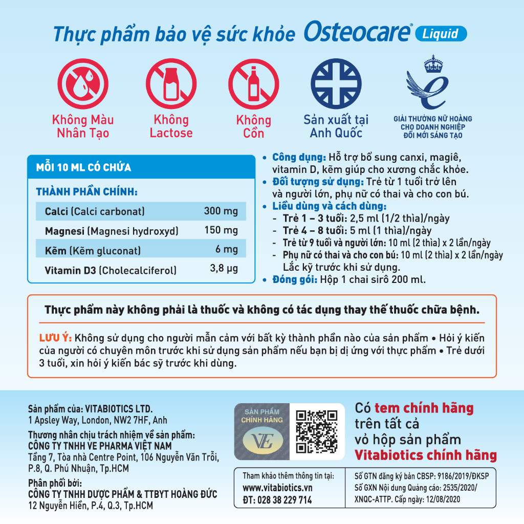 Bộ Sản Phẩm Vitabiotics Cho Bé OSTEOCARE Chắc Khỏe Xương 200ML Và WELLBABY Tăng Cường Sức Đề Kháng 150ML